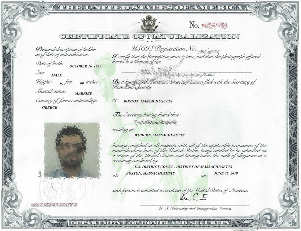 Naturalization Certificate Example